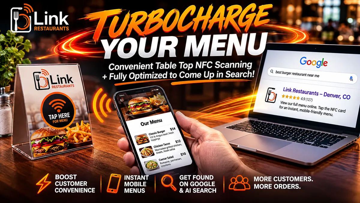 Turbocharge your menu — convenient tabletop NFC scanning plus full optimization to come up in search. A Link Restaurants NFC table tent sits beside a phone showing a mobile menu with prices, while a laptop shows the restaurant ranking in Google for best burger restaurant near me.